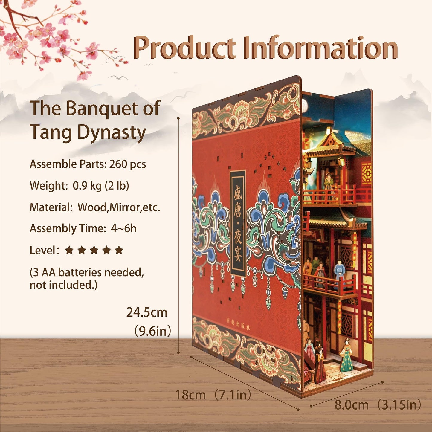 Tonecheer DIY Book Nook Kit for Adults, 3D Wooden Puzzle Bookend Bookshelf Insert Decor, Chinese Booknook Miniature House Kit with Body Motion Sensor LED Light (The Banquet of Tang Dynasty)