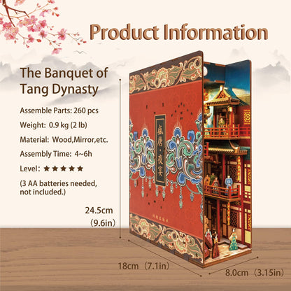 Tonecheer DIY Book Nook Kit for Adults, 3D Wooden Puzzle Bookend Bookshelf Insert Decor, Chinese Booknook Miniature House Kit with Body Motion Sensor LED Light (The Banquet of Tang Dynasty)