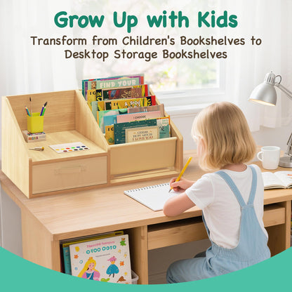 FKWin Kids Bookshelf with Seat - Forward-Facing Book Shelf for Kids Rooms, Nursery Bookcase with 5-Tier Montessori Shelf, Wooden
