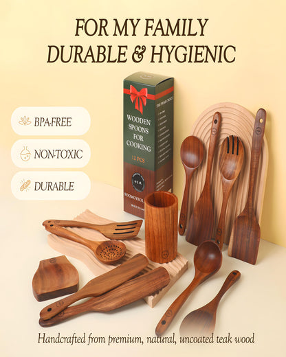 12-Piece Natural Teak Wood Utensil Set with Holder & Rest - Nonstick Cooking Spoons, Spurtles, Heat Resistant Tools