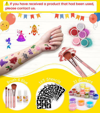 Temporary Glitter Tattoo Kids, Eleanore's Diary 31 Glitter Colors,165 Unique Stencils,2 Glue,4 Brushes,Adults & Kids Arts Glitter Make Up Kit, Gifts for Girls Boys Birthday Party Summer Festival