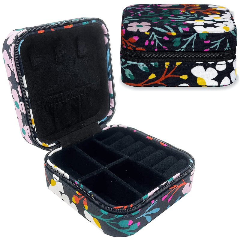 kate spade new york Small Travel Jewelry Case, Black Jewelry Box to Organize Rings, Necklaces, Earrings, Fall Floral
