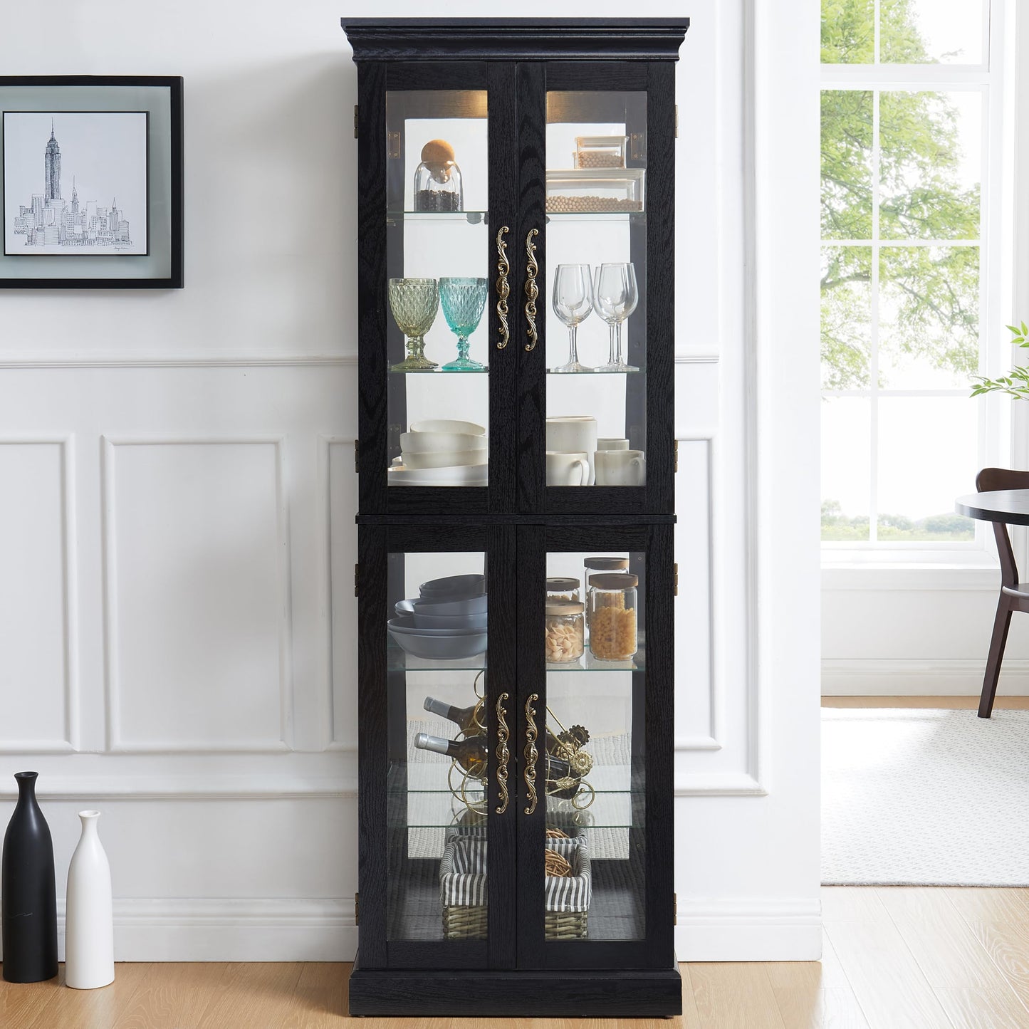 Elountik Lighted Curio Display Cabinet, Glass Storage with Wood Frame, Built-in Lighting for Living Room, Kitchen, Pantry, Ideal for Wine, Toys, Collectibles - Black