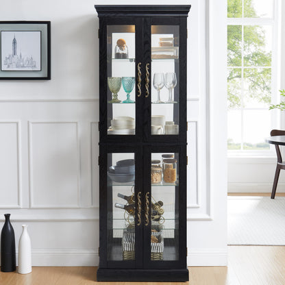 Elegant Lighted Glass Curio Display Cabinet Wooden Frame Storage for Living Room, Kitchen Includes Light Bulb Ideal for Wine, Toys Collectibles Black