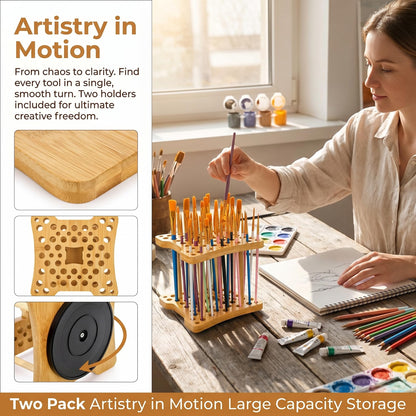 Cedilis 2 Pack Rotating Paint Brush Holder, 59 Holes Bamboo Paintbrush Holder Organizer for Pen, Pencil, Watercolor Brushes, Artist, No Assembly Required