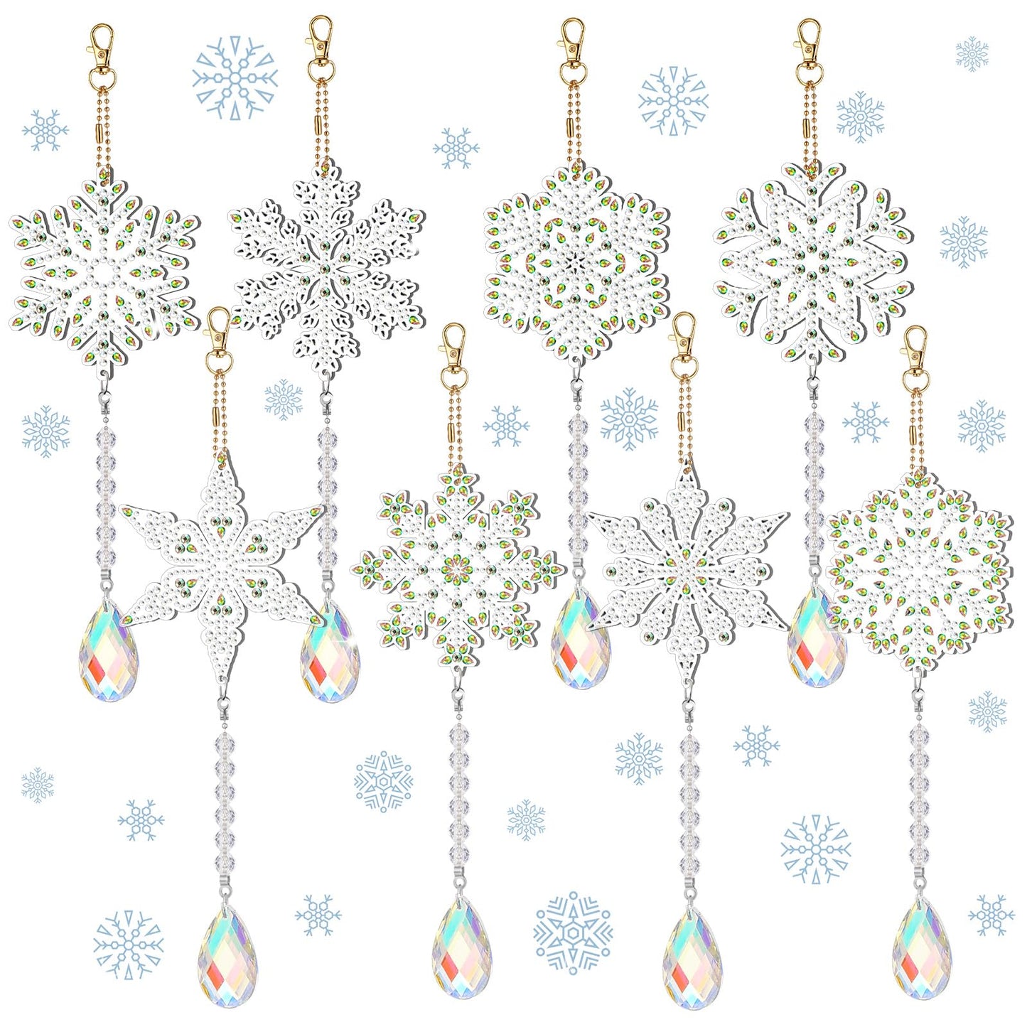 Geetery 8 Pcs Winter Diamond Art Painting Wind Chime Snowflake Diamond Art Suncatcher Kits Double Sided Art Kits with Crystal Pendant Hanging Ornament for Adults Home Decor