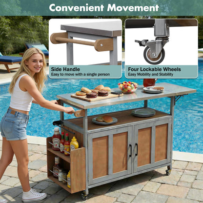 Merax 60.6" Outdoor Mobile Kitchen Island on Wheels with Stainless Steel Tabletop, Foldable Patio Grill Cart Table with Large Storage Cabinet and Towel Rack for Backyard, Garden, Espresso