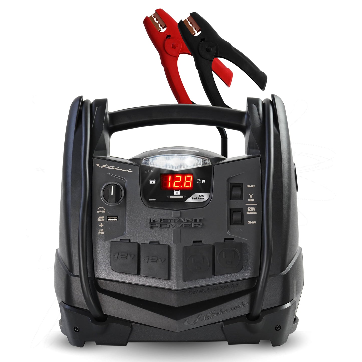 Schumacher Electric 1200A Car Battery Jump Starter and Portable Power Station, 6-in-1 Solution for 12V Batteries, 150-PSI Air Compressor, 200 Continuous/400 Peak Watt Inverter, SJ1332