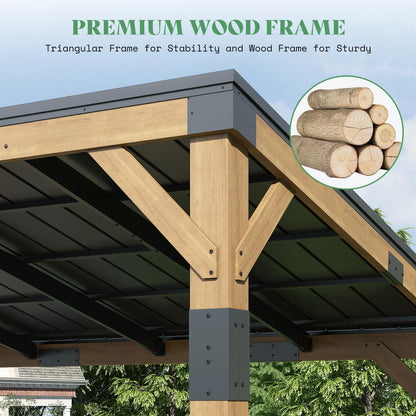 AMERLIFE 10x14 FT Spruce Wood Grill Gazebo with Bar Shelf, Hardtop BBQ Pavilion with Sloped Galvanized Steel Roof, Lean-to Outdoor Pergola for Deck, Backyard, Garden