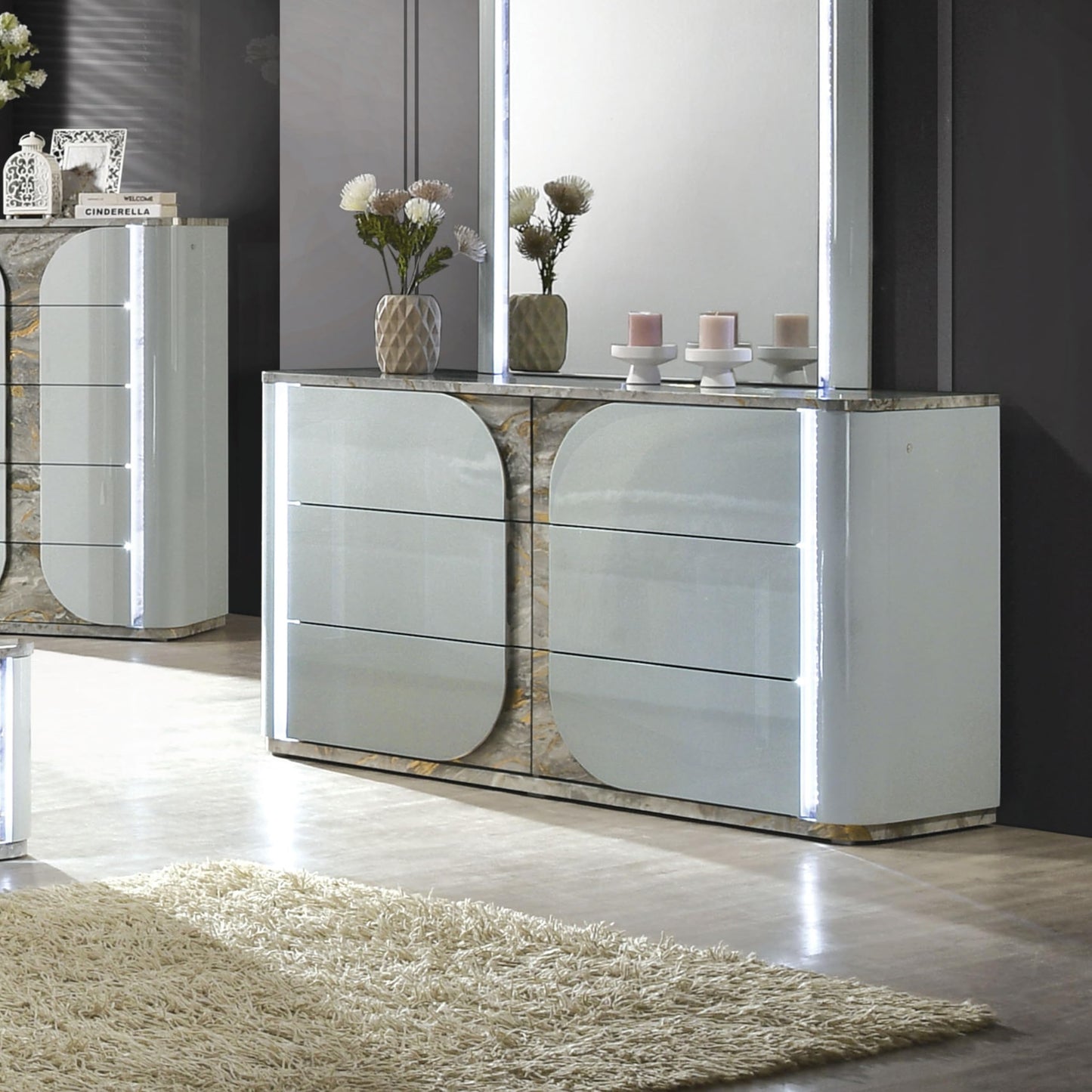 Furniture of America Bruna Modern Contemporary Wood 62.5-inch 6-Drawer Dresser with Plinth Base, Touch-Control LED, Replicated Marble Accents for Bedroom, Guest Room, Light Gray
