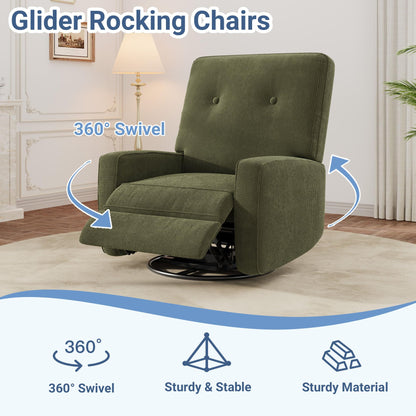 GarveeHome Recliner Chairs, Swivel Rocker Recliner, Glider Recliner Nursery Chair for Adults, 360° Swivel Glider Rocking Chair for Living Room, Bedroom, Office, RV, Small Spaces, Corduroy, Green