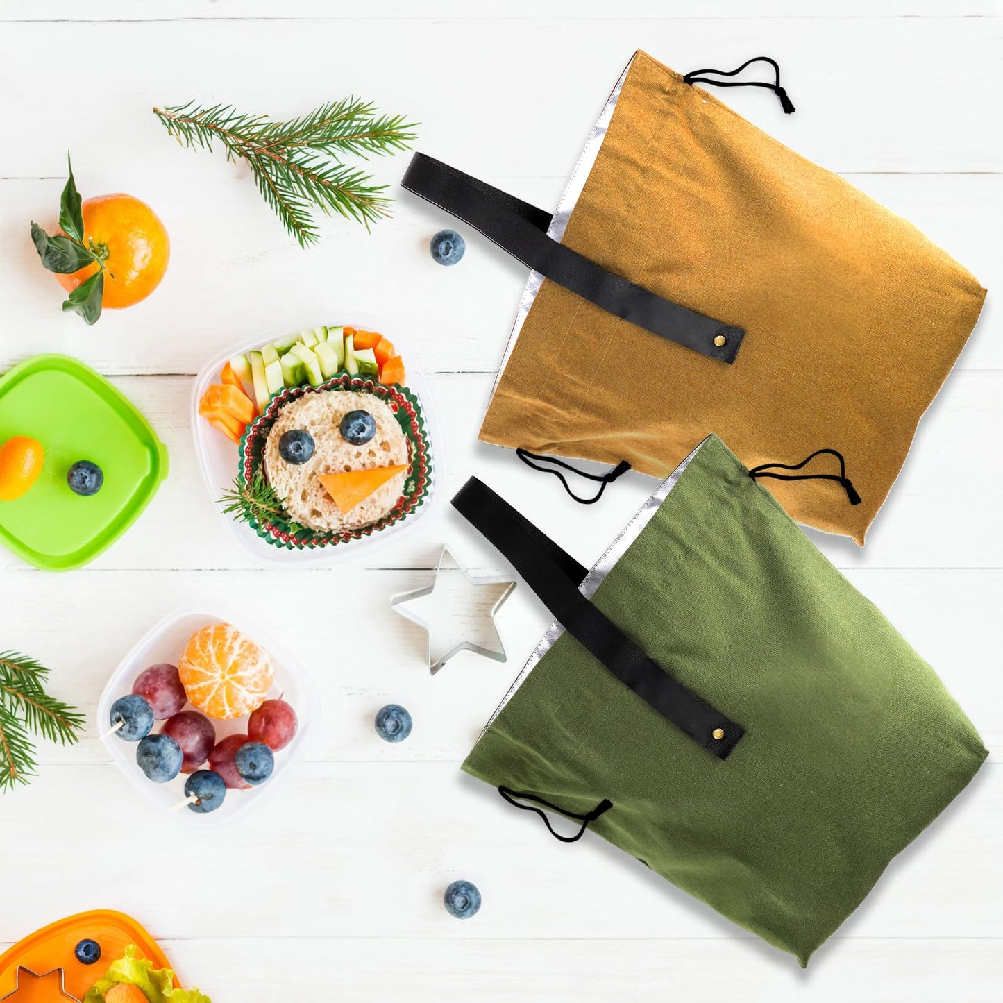 Yesland 2 Pack Reusable Lunch Bag, Canvas Insulated Lunch Handbag Tote Bag with Handle and Drawstring Closure Foldable and Lightweight Lunch Box for Work, Office, Picnic, Travel, Yellow, Green