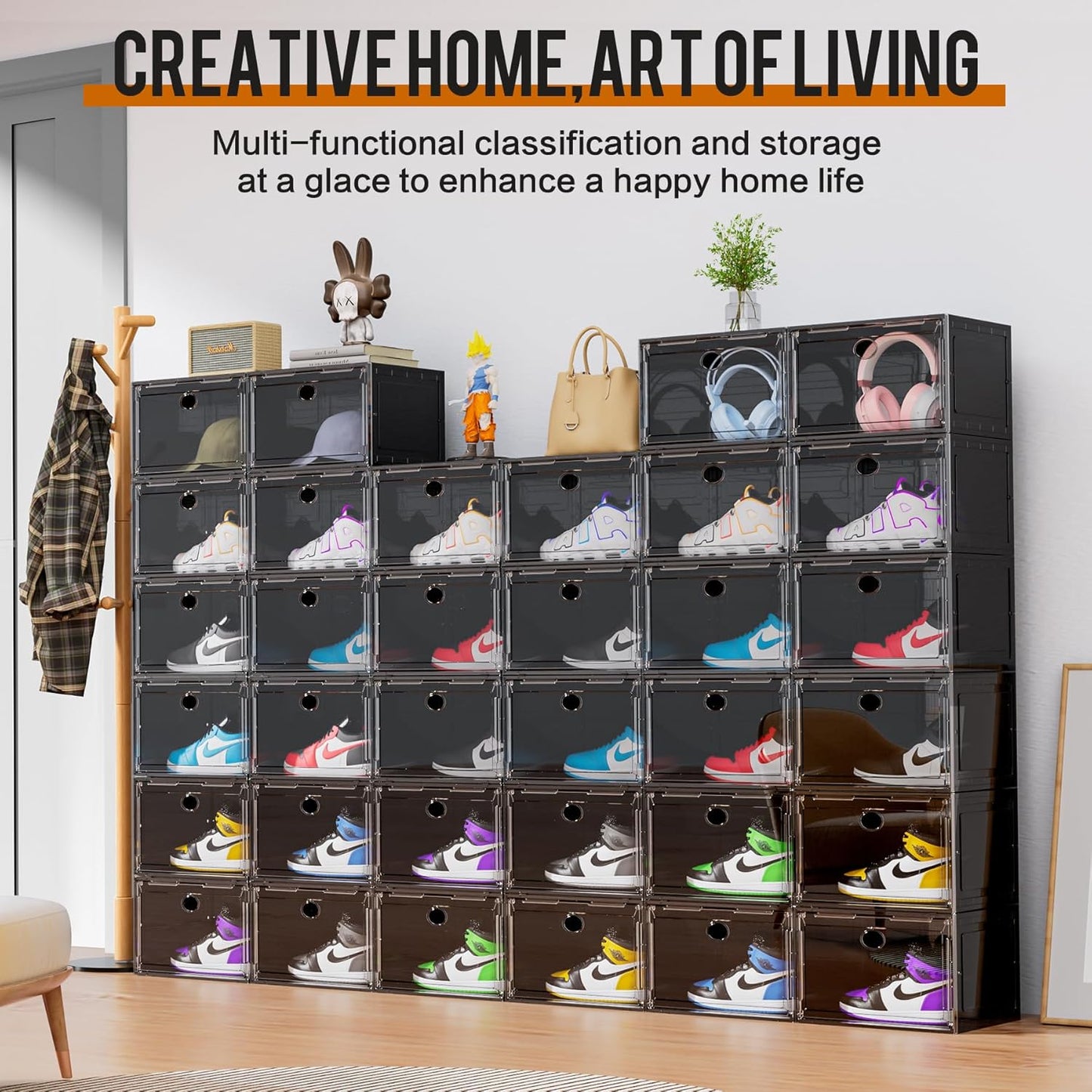 KEFA XL Shoe Storage Box Organizer, 6 Pack Clear Plastic Stackable Shoe Boxes for US 13 (Side 6 PACK BLACK)