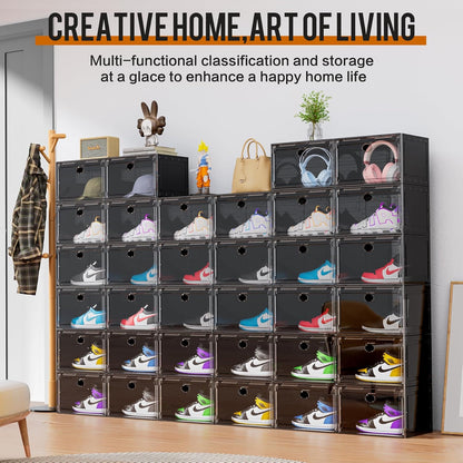 KEFA XL Shoe Storage Box Organizer, 6 Pack Clear Plastic Stackable Shoe Boxes for US 13 (Side 6 PACK BLACK)