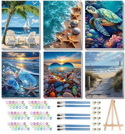 6 Pack Paint by Numbers Kits with Framed for Adults Beginners, Beach Paint by Number Kits on Canvas with Wooden Easel, DIY Acrylic Oil Painting Kits with Brushes for Home Wall Decor (8x12 inch)