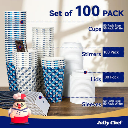 JOLLY CHEF 16 oz Coffee Cups with Lids 100 Pack, Disposable Hot Paper Coffee Cups with Lids, Sleeves and Stirrers for Christmas, Thanksgiving, Party