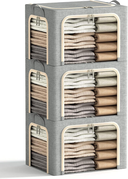 Skiennix Foldable Clothes Storage Bins - Durable Metal Frame with Clear Window | 3 Pack, Light Grey, 40L