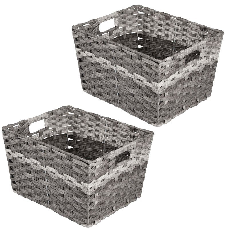 mDesign Wide Rectangular Woven Braided Rope Home Storage Baskets with Handles - for Organizing Closet, Bedroom, Bathroom, Living Room, Entryway, Office - 8.25" High, 2 Pack - Gray