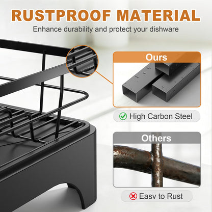 OERPHO Dish Drying Rack for Kitchen Counter, Dish Rack, Dish Drainer for Kitchen with Built-in Drain, Stainless Steel Sink Organization and Storage Essentials with Cutlery Holder (17" x 13.4", Black)