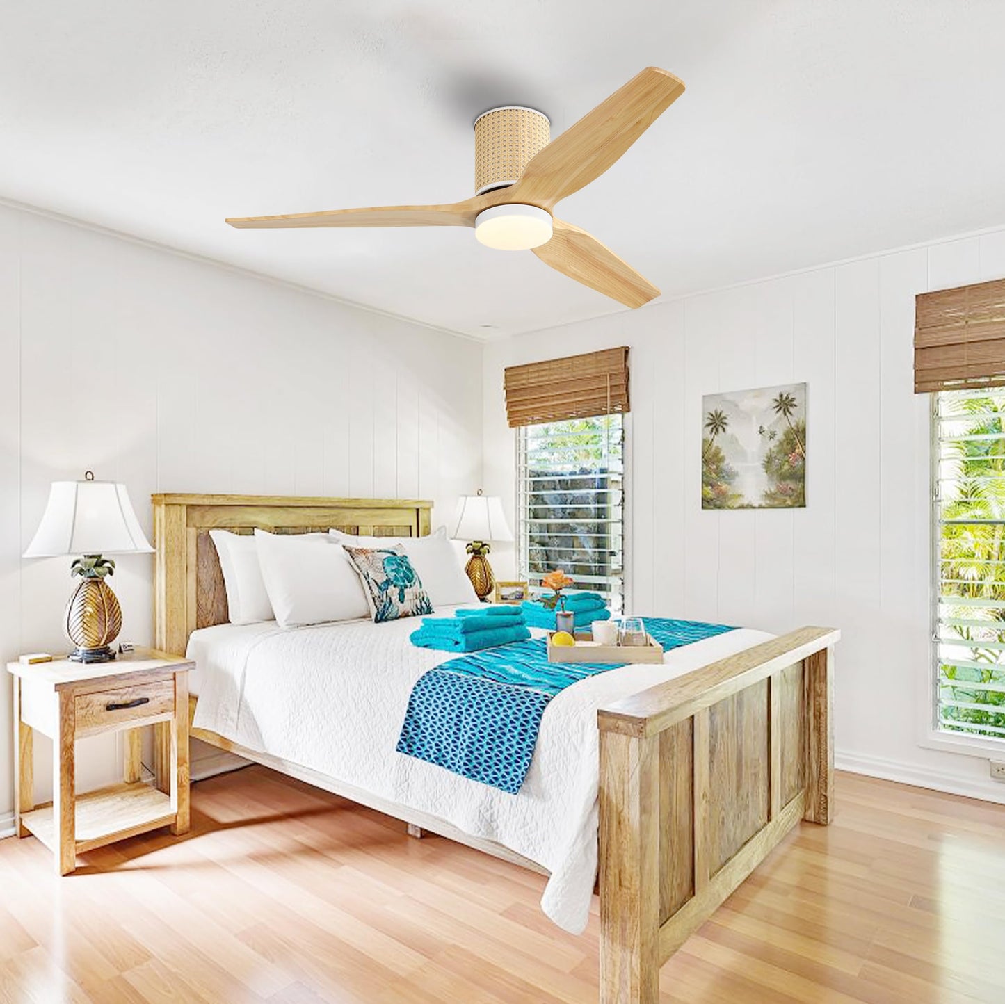 LEDLUX 52" Ceiling Fan with Light - Low Profile Flush Mount Ceiling Fan, 6-Speed Remote Control, Solid Wood, Quiet Reversible DC Motor, Wood/White Finish, for Bedroom, Living Room, Porch
