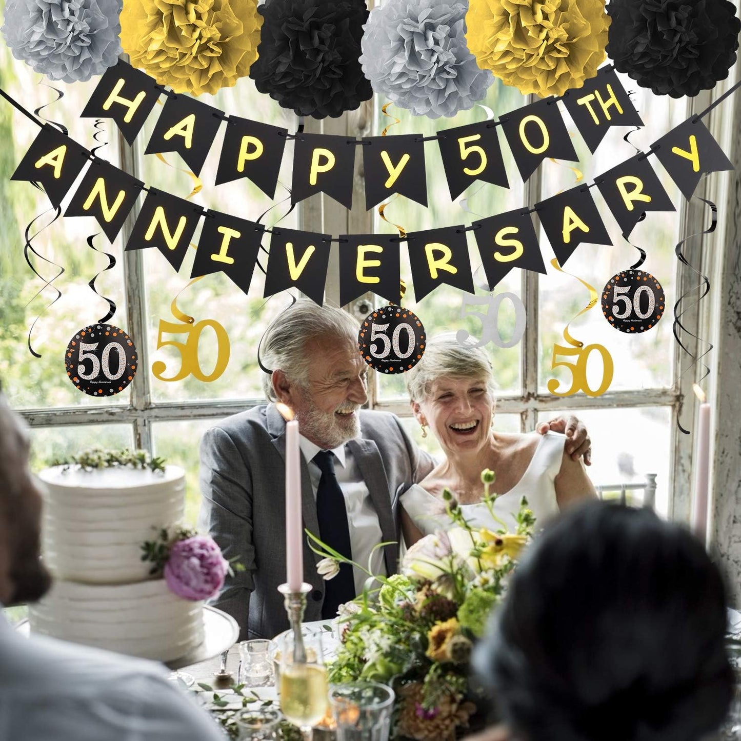 50th Wedding Anniversary Decorations Kit, Gold Glitter Happy 50th Banner, Sparkling 50 Hanging Swirls, Poms