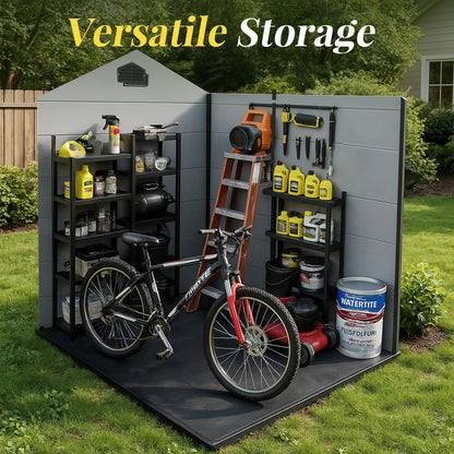 FammyLoft 8x4 FT Resin Storage Shed with Floor, Outdoor Plastic Shed with 2 Windows, 2 Vents and Lockable Door for Backyard Garden Patio Tools, Bike Metal Frame (Black+Grey)