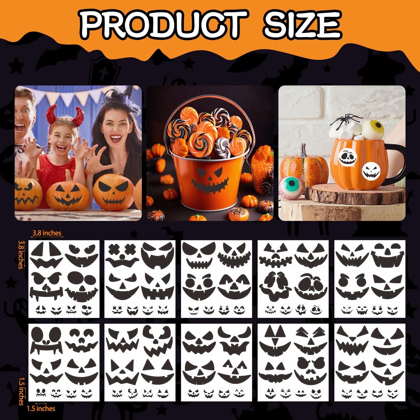 Gustum 80 Designs Pumpkin Stickers for Decorating, Jack-O'-Lantern Face Craft Decals, Pumpkin Carving Stickers Kit, Halloween Decorations Supplies Trick or Treat Party Favors for Kids