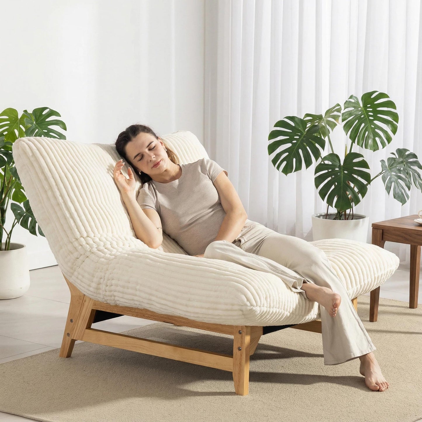 Vipuno Corduroy Bean Bag Chair for Adults, Comfy Accent Chair for Living Room, Armless Lazy Sofa with Back Support, Ergonomic Floor Lounge Chair for Bedroom, Single Seat, Off White