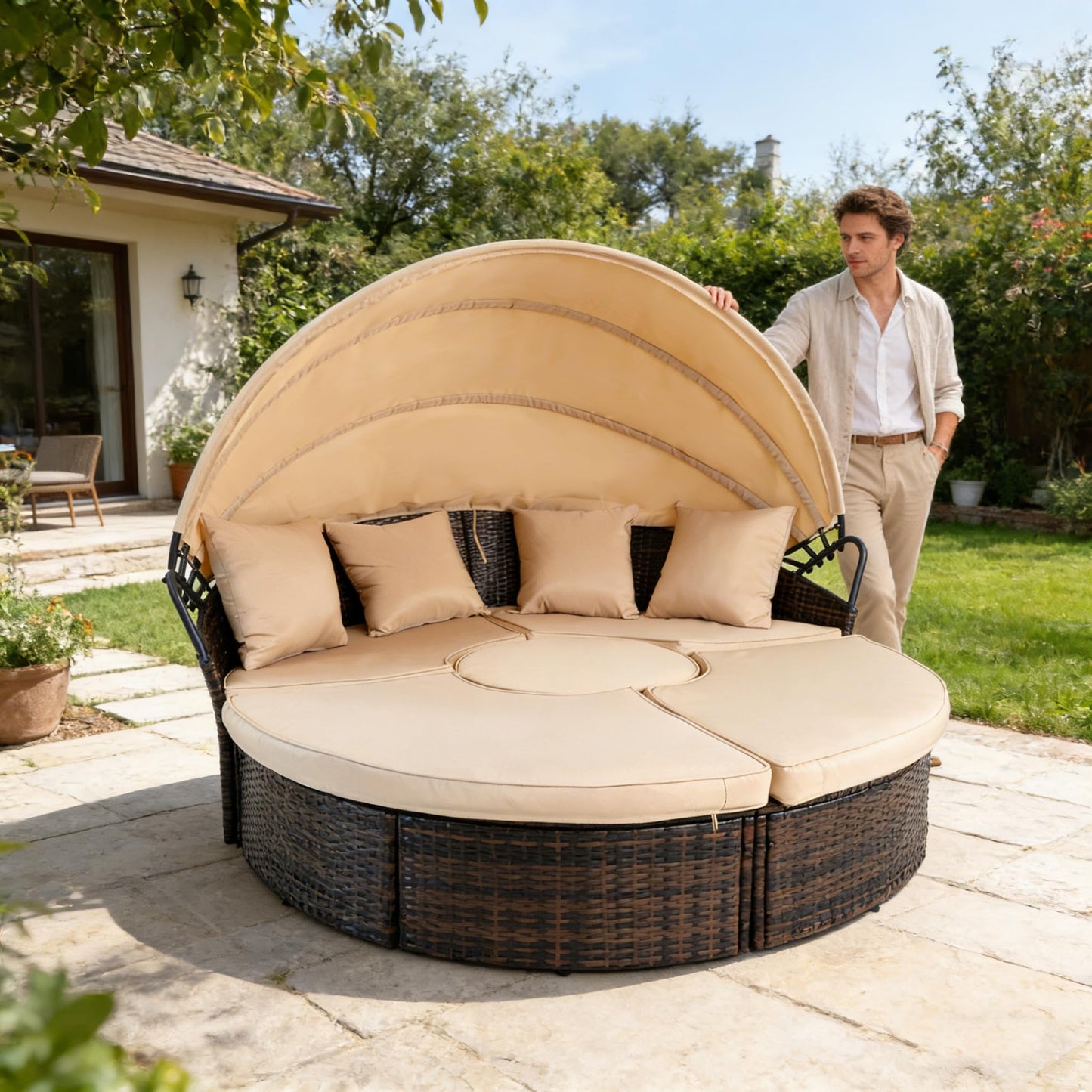 SUNCROWN Outdoor Patio Round Daybed with Retractable Canopy, Brown Wicker Furniture Sectional Couch with Washable Cushions, Backyard, Porch