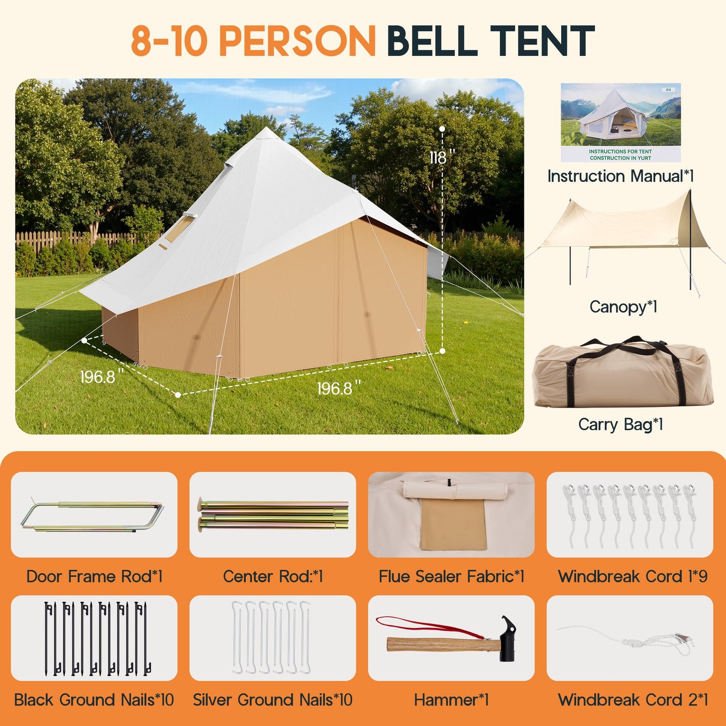 SPECRAFT Canvas Bell Tent for Camping, Waterproof Glamping Yurt Tent with Canopy & Stove Jack, Breathable Mesh 4-Season Family Shelter for Outdoor Camping, Parties, 8–10 Person
