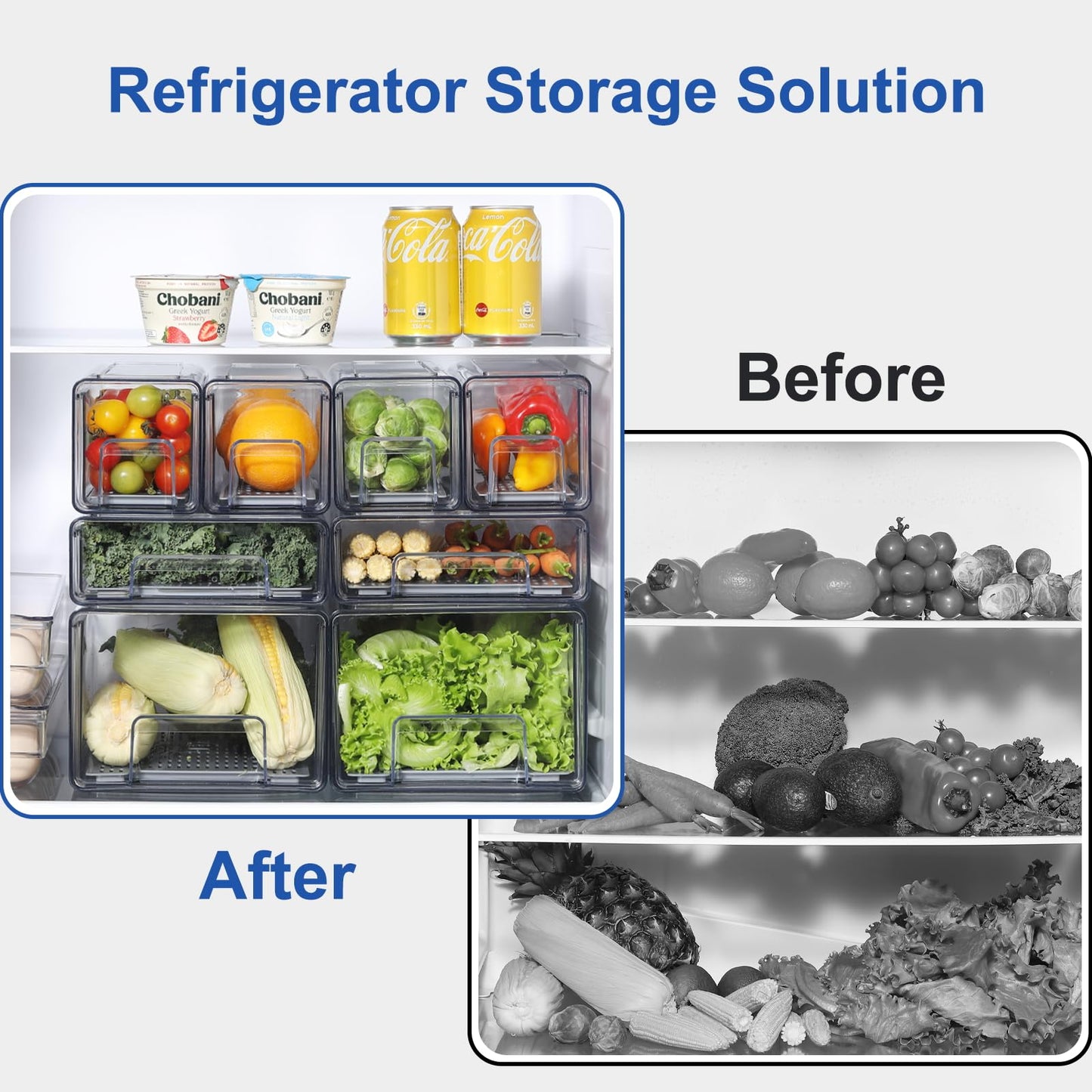 Bronkeeper Pull Out Clear Fridge Organizer Drawers with Drainer, Refrigerator Stackable Storage Bins for Kitchen Fruit & Veggie Organization (Complete Set)