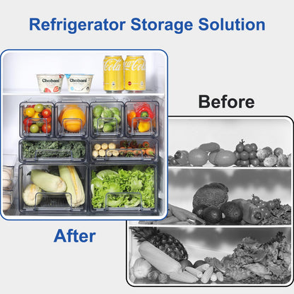 Bronkeeper Pull Out Clear Fridge Organizer Drawers with Drainer, Refrigerator Stackable Storage Bins for Kitchen Fruit & Veggie Organization (Complete Set)