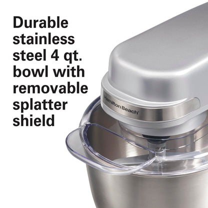 Hamilton Beach Electric Stand Mixer, 4 Quarts, Dough Hook, Flat Beater Attachments, Splash Guard 7 Speeds with Whisk, Silver