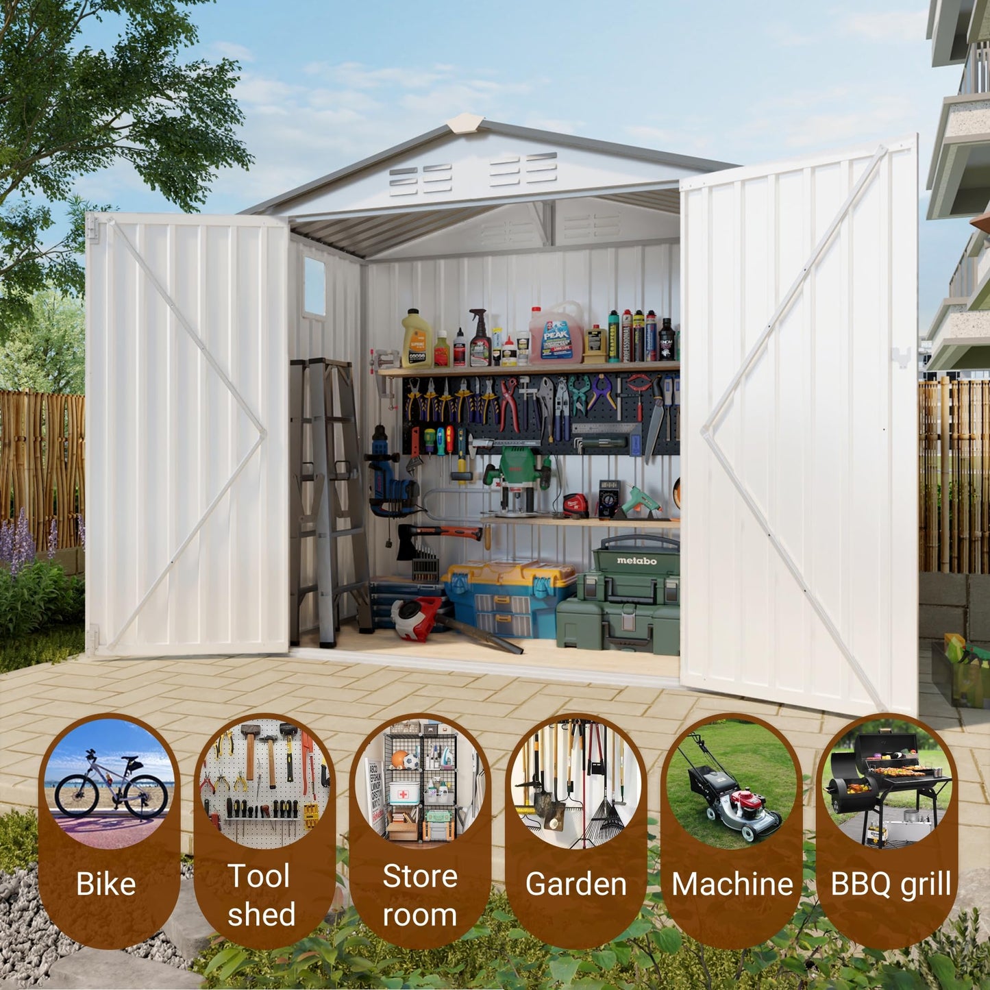 Vigo huseeo 8x5.7x6FT Storage Shed, Outdoor Galvanized Steel Garden Shed with Lockable Door & Window, Waterproof Metal Tool Storage for Garden, Backyard, Patio, Lawn