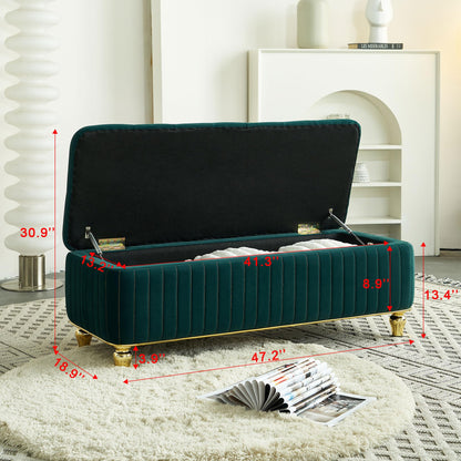 KEIKI 47" Rectangle Velvet Tufted Ottoman Bench with Solid Metal Leg, Modern Style Storage Footstool with Deep Button Tufting and Gold Embroidery, Easy Assembly, for Living Room, Bedroom, Green