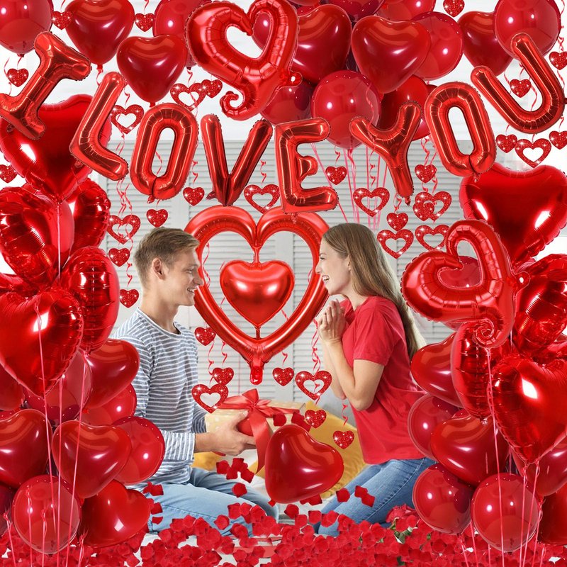 Valentines Day Decorations with Red I Love You Balloons and Fake Rose Petals for Wedding Bachelorette Party, Red Heart Balloons and Love Balloon for Anniversary Romantic Decorations