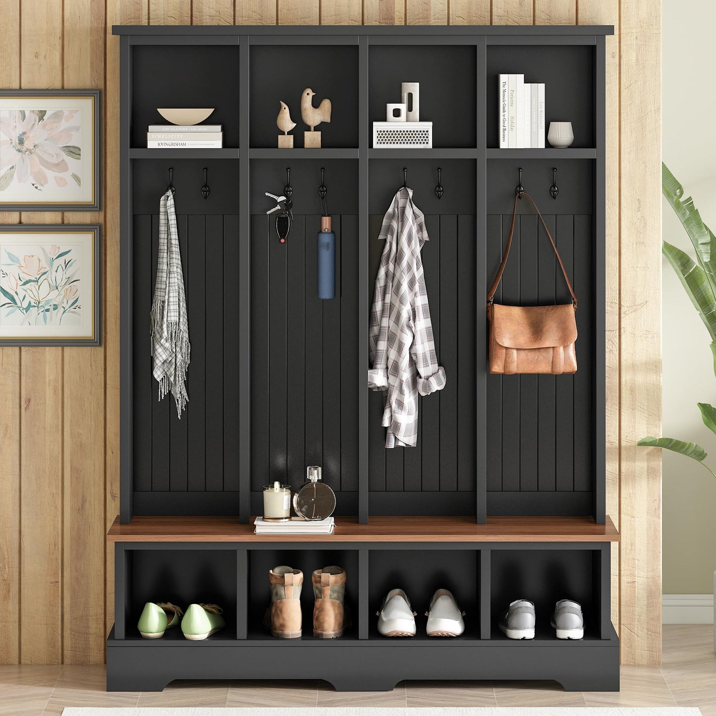 WZONICE98 76.7" Hall Tree with 8 Hooks, Farmhouse Entryway Bench with Shoe Storage Compartments, 3-in-1 Coat and Shoe Rack for Mudroom, Living Room, Black