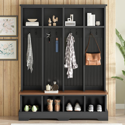 WZONICE98 76.7" Hall Tree with 8 Hooks, Farmhouse Entryway Bench with Shoe Storage Compartments, 3-in-1 Coat and Shoe Rack for Mudroom, Living Room, Black