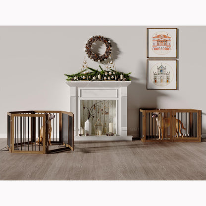Vantas Folding Pet Gate 144" Wide, 30" Tall No-Assembly Wooden Dog Gate with Door Walk Through, Freestanding Puppy Safety Fence, with 2PCS Support - Brown