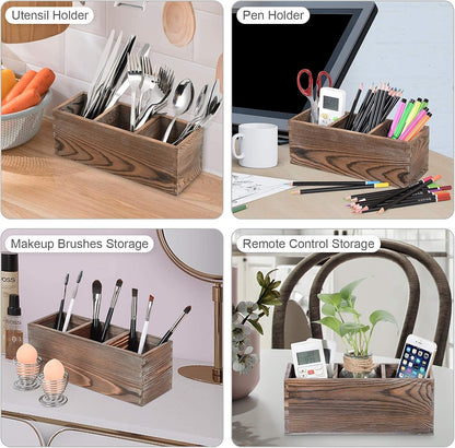 Wooden Silverware Organizer with 3 Spacious Compartments, Cooking Spatula Holder, Kitchen Utensil Flatware Caddy