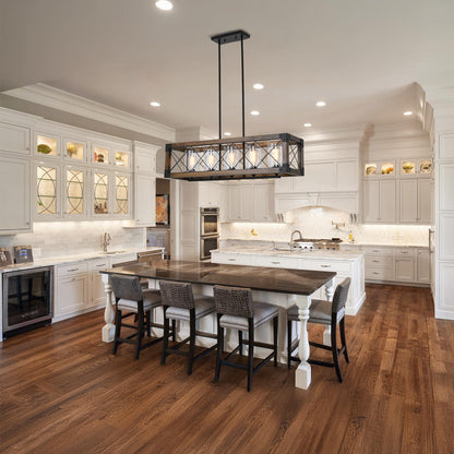 WJShome 35" Farmhouse Chandelier, 5-Light Kitchen Island Lighting, Modern Rectangular Dining Room Light Fixture, Rustic Wooden Chandeliers, Linear Pendant Light, with Clean Glass Shade