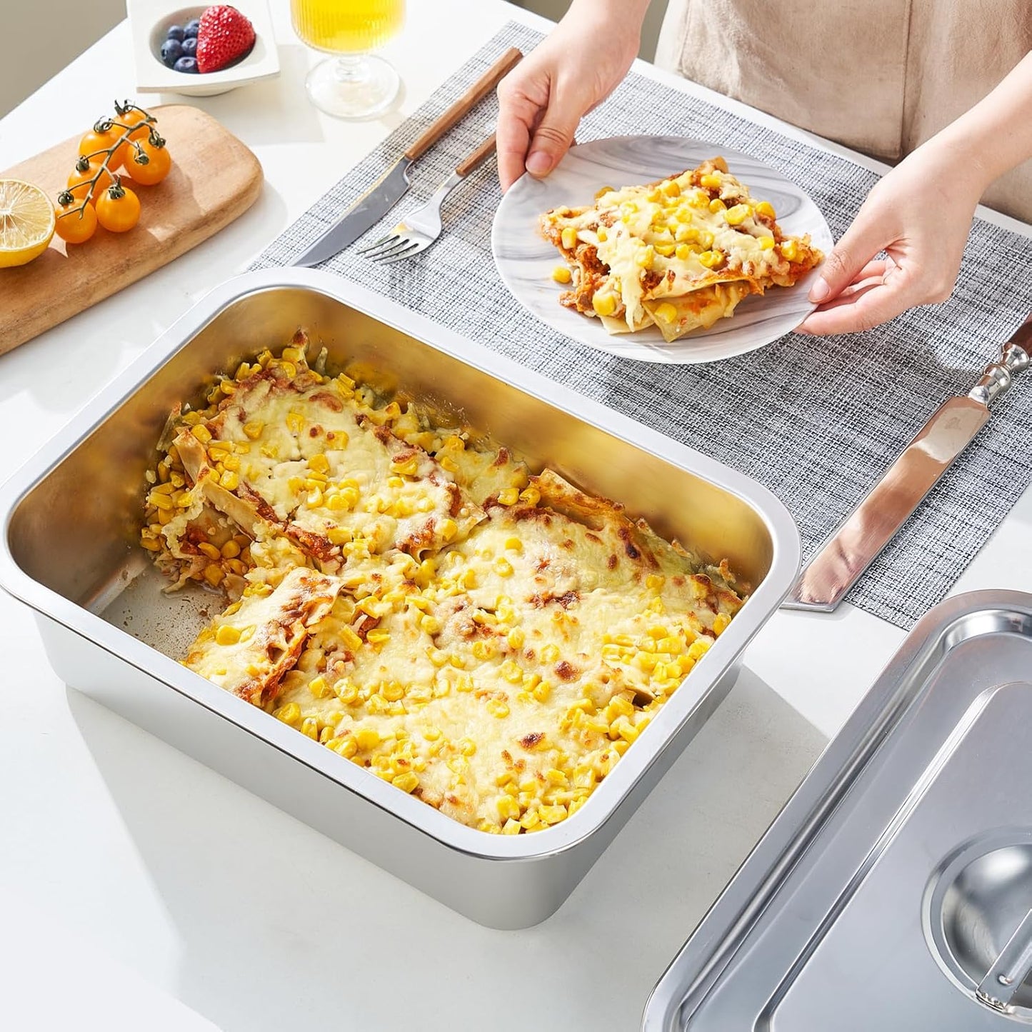 Skiennix 4-Piece Extra Deep Lasagna Pan Set - 11.6x15.6 Inch Nonstick Stainless Steel with Lid | 9.2QT Capacity