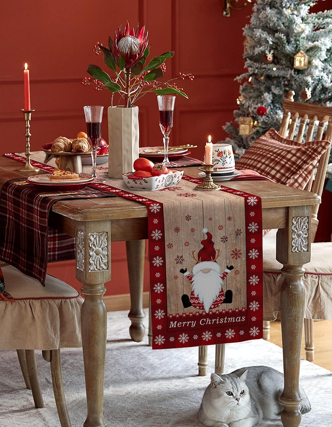 Christmas Gnome Table Runner, 13 x 70 Inch Non-Slip Dresser Scarves for Holiday Decorations