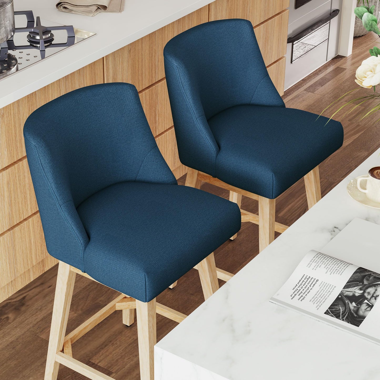 Vipbear Counter Height Bar Stools Set of 2, 26" H Modern Swivel Bar stools with Contoured Back and Solid Wood Legs, Linen Fabric Upholstered Counter Bar Chairs for Kitchen Island, Blue
