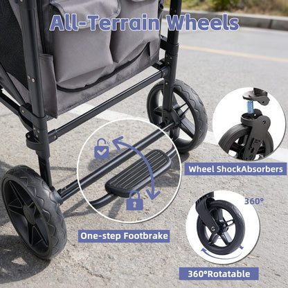 Stroller Wagon for 4 Kids, 4 Seater Wagon Stroller with Snack Tray, Large Storage Bag, Phone Cup Holder, Removable Canopy, Foldable Wagon Stroller 4 Seater with Adjustable Push Handles (Grey)