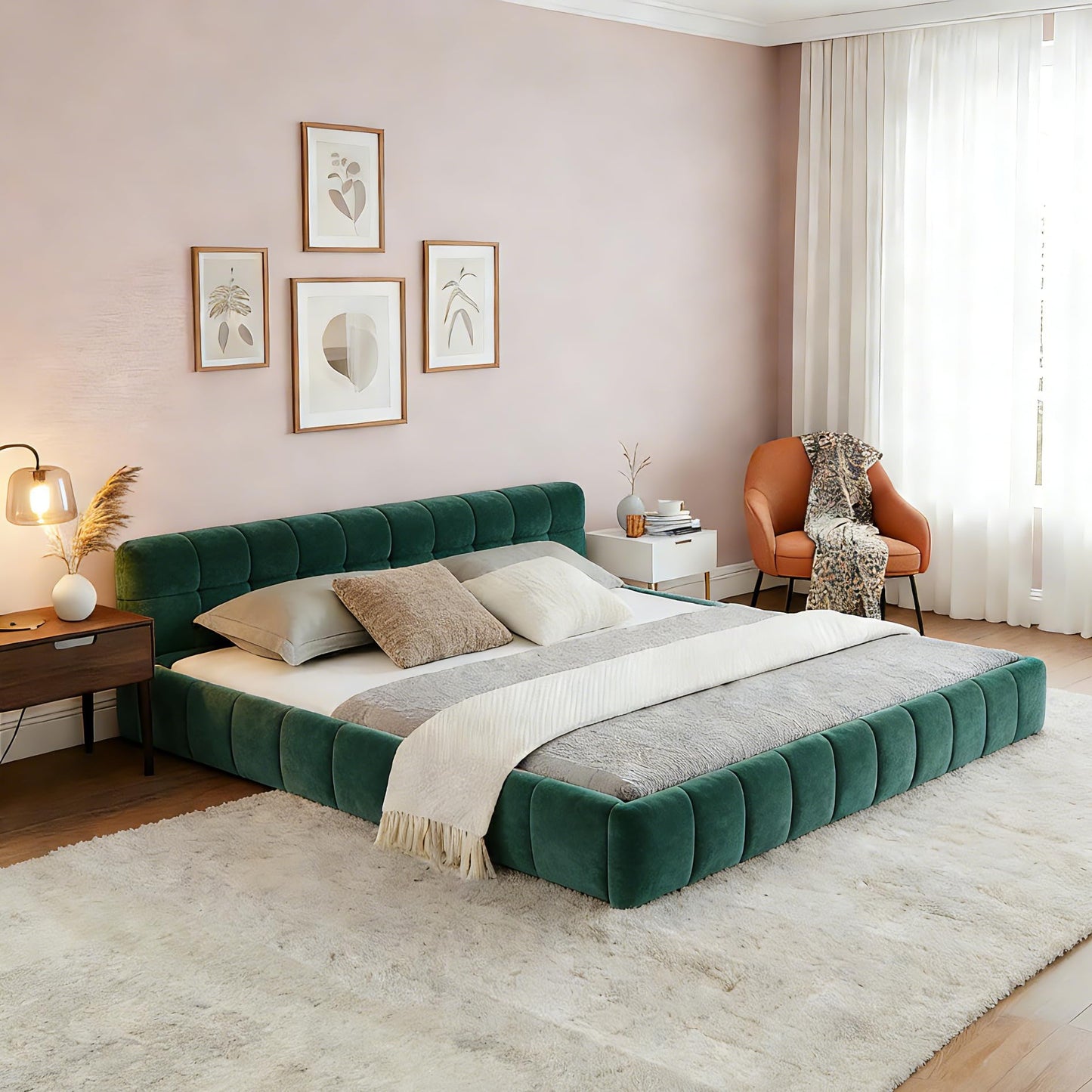 KEIKI King Thick Chenille Bed Frame with 4 Storage Drawer & Upholstered Tufted Headboard, Modern Solid Wood Floor Platform for Bedroom, No Box Spring Needed