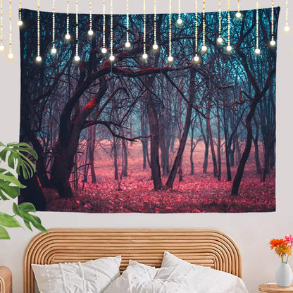 Shrahala Red Nature Stranger Wall Tapestry, Large Green Forest Moonlight Landscape, 59.1 x 82.7 in, Polyester Fiber
