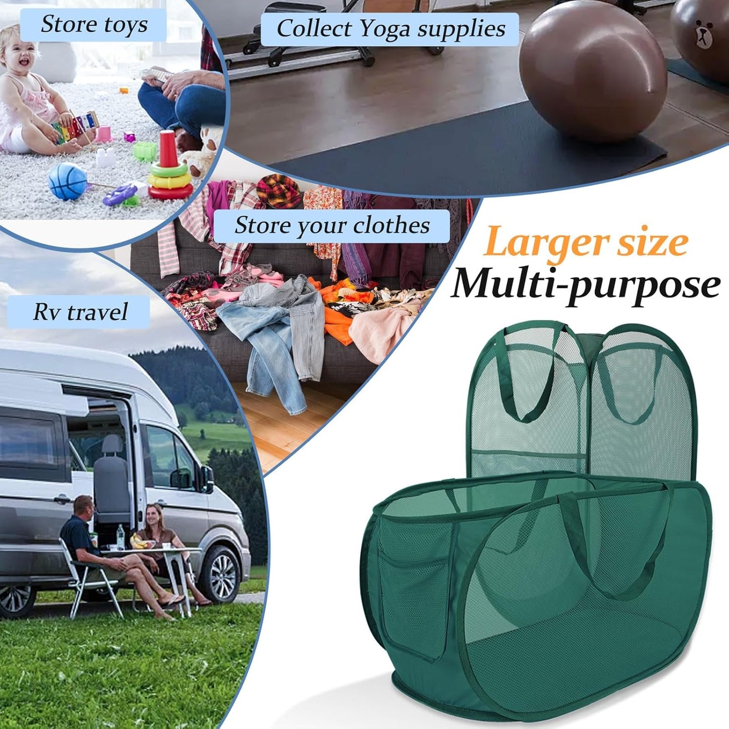 Collapsible Laundry Basket 2 Pack, Green Mesh Pop Up Hampers with Handles, Large Portable Travel Laundry Bag