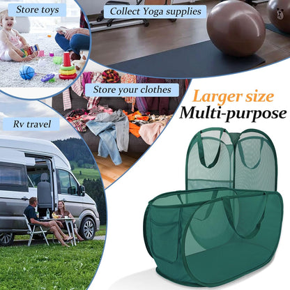 Collapsible Laundry Basket 2 Pack, Green Mesh Pop Up Hampers with Handles, Large Portable Travel Laundry Bag