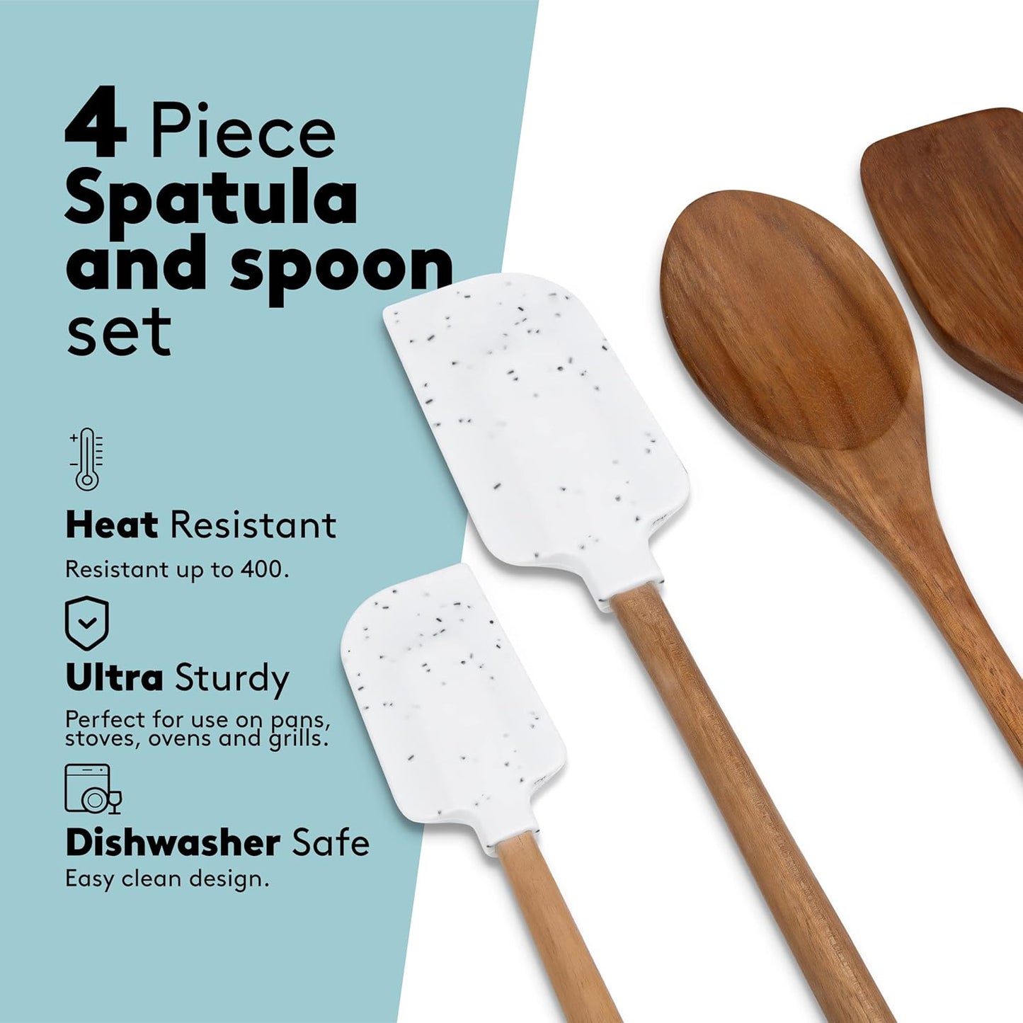 Real Simple Cooking Set with Silicone Spatulas and Wooden Spoons | Includes Wooden Spoon, Wooden Spatula, and 2